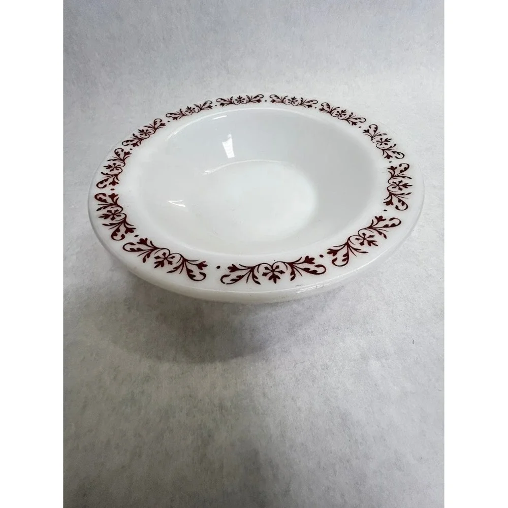 Vintage Anchor Hocking Fire-King Milk Glass Bowl Brown Floral Scroll 7.5in